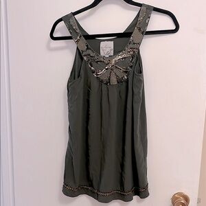 Anthropologie Sains Olive Green Embellished Tank Top with sequins size small